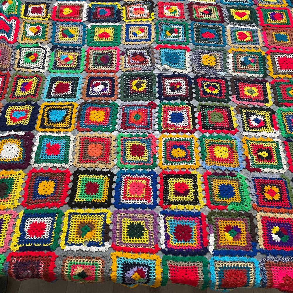 Vintage Handmade Crochet Afghan Throw Blanket Granny Square 78"x64" Cottage